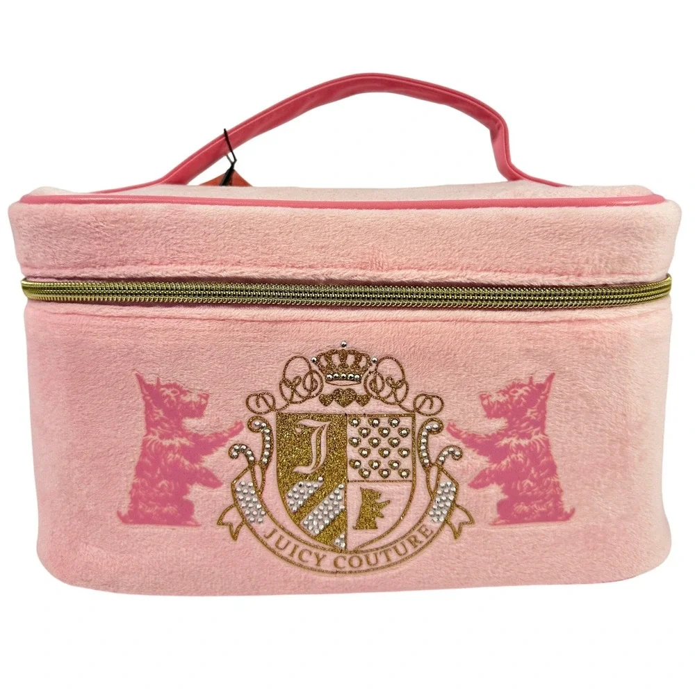 Juicy Couture Pink Velour Train Case Makeup Bag Scottie Dog Crest Rhinestone NWT